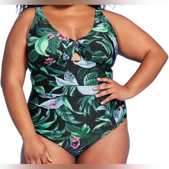 Kona Sol Green and Pink Tropical One Piece Swimsuit - Picture 4 of 6